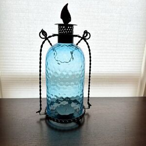 Decorative Candle Lantern 16" Blue Glass Dome Metal Accents Seashell Pillar